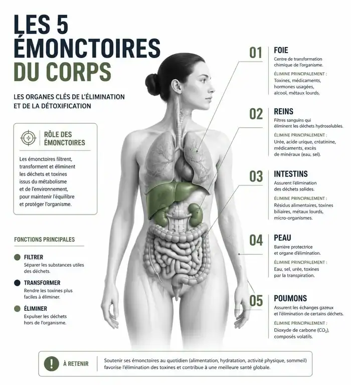 Infographie des 5 émonctoires pour comprendre comment faire une detox efficace