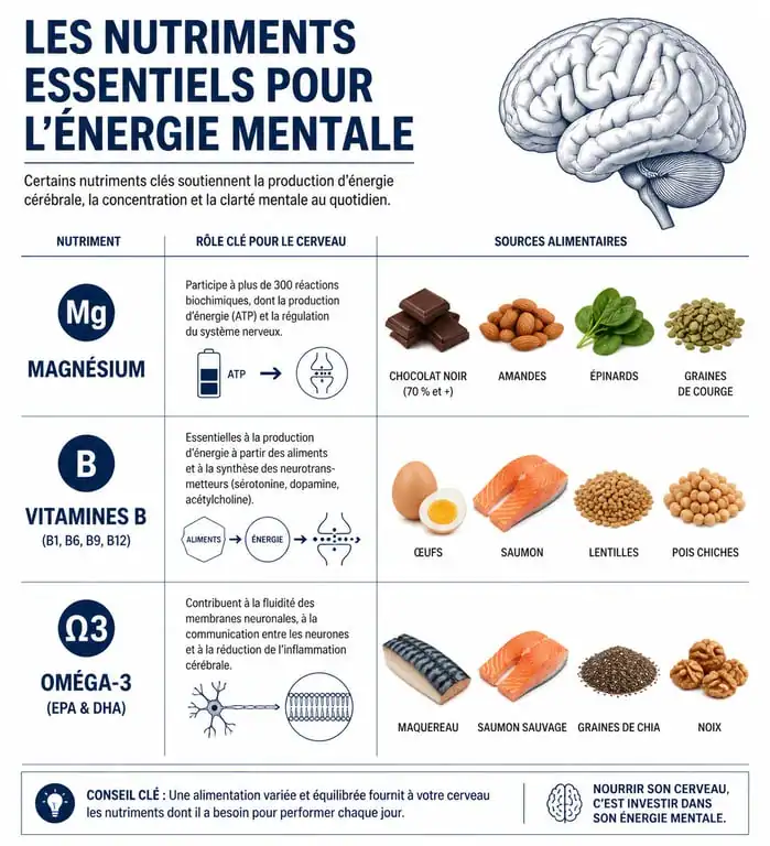 Infographie des nutriments essentiels pour retrouver de l'énergie mentale