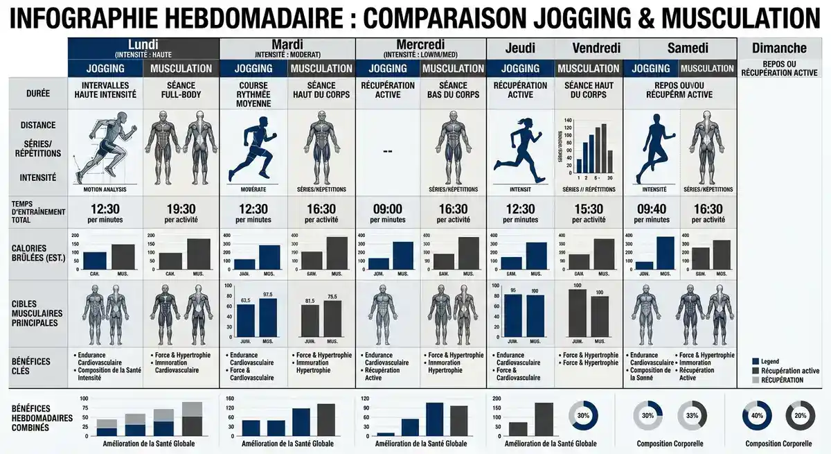 Tableau récapitulatif d'un programme hebdomadaire combinant jogging et musculation pour une progression optimale.