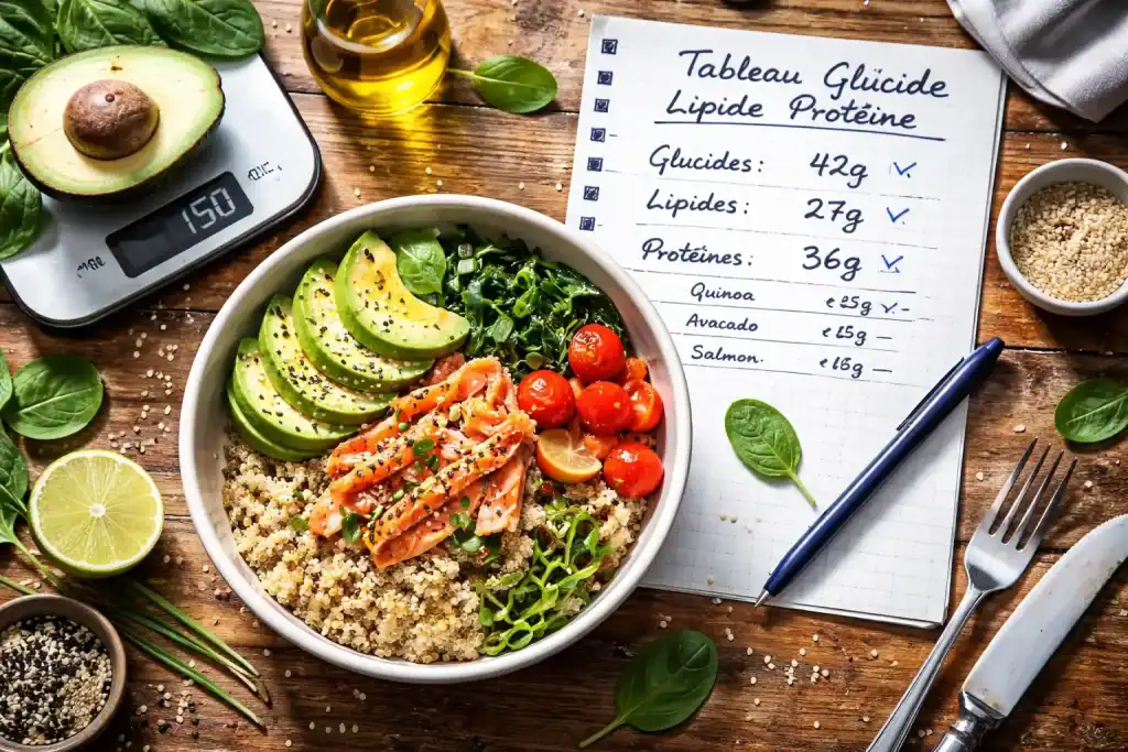 tableau glucide lipide proteine sur table avec aliments