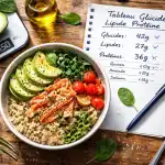 tableau glucide lipide proteine sur table avec aliments