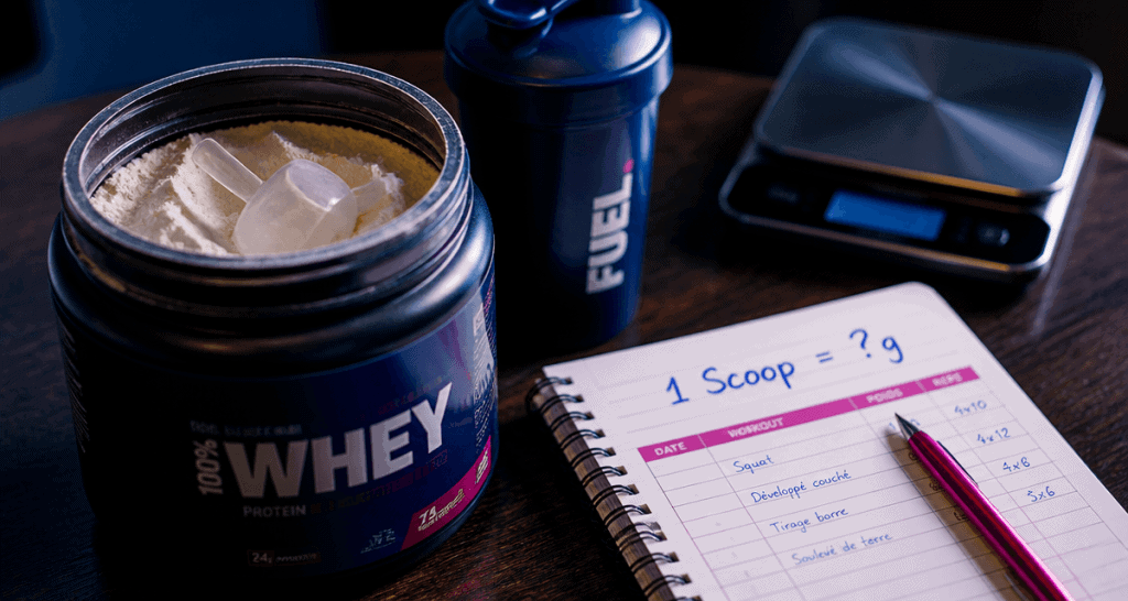 1 scoop de whey en gramme avec pot, shaker et balance
