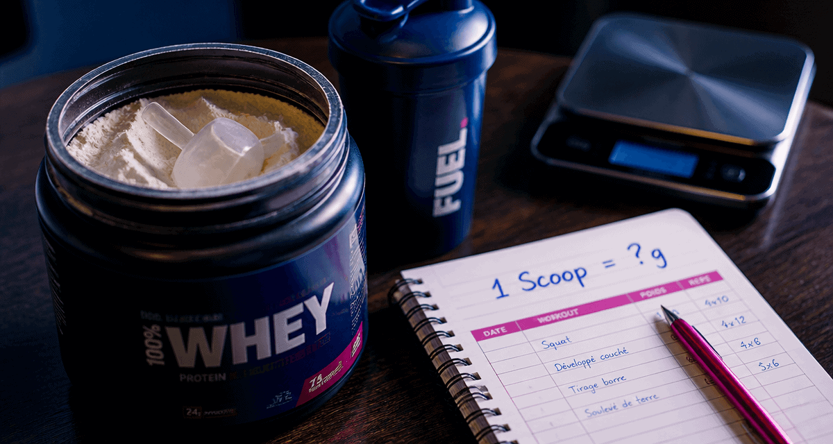 1 scoop de whey en gramme avec pot, shaker et balance