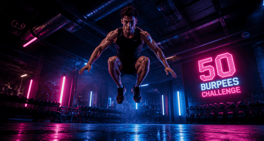 50 burpees par jour avant apres jeune homme saut salle sport