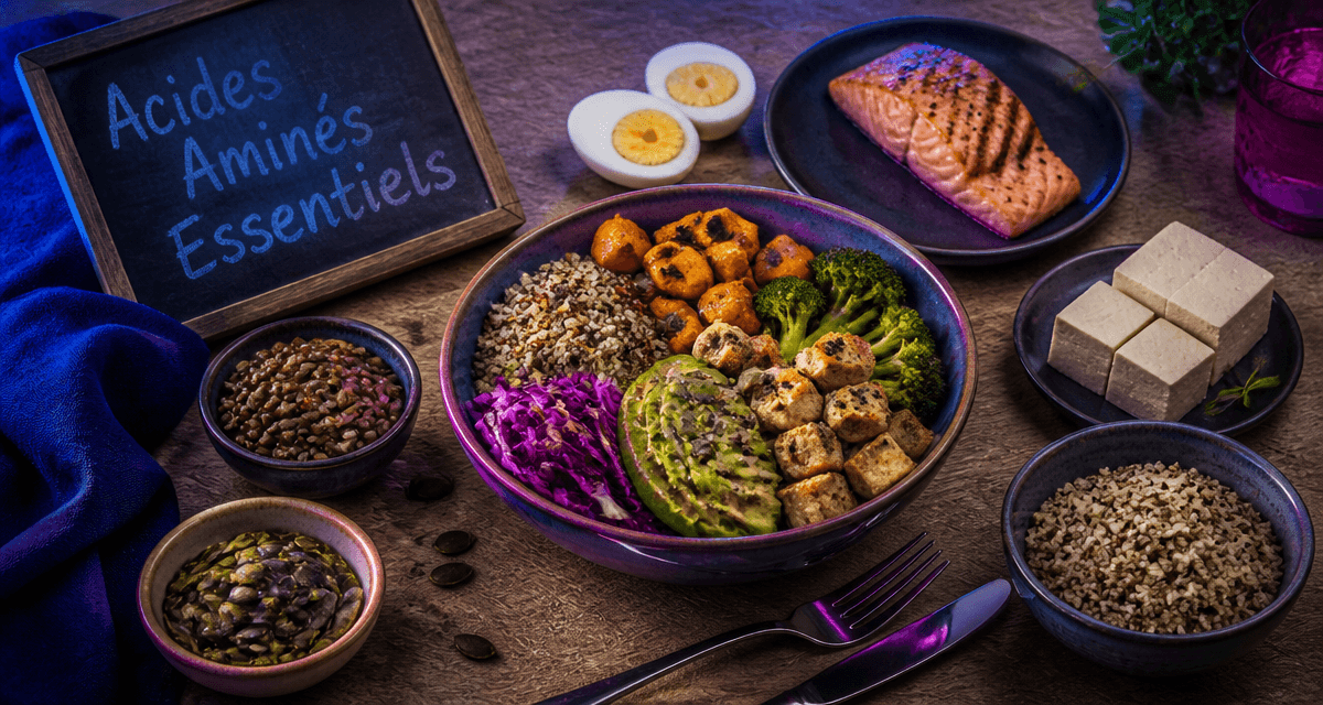 aliments et acides amines essentiels variés sur table