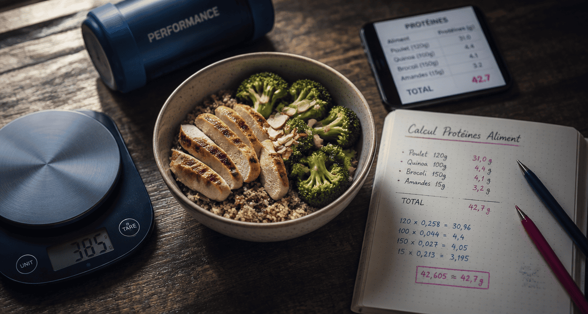 calcul proteine par aliment bol poulet quinoa brocolis