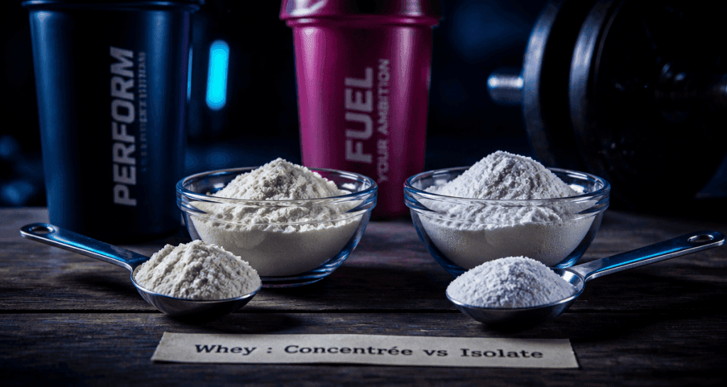 Difference whey et isolate sur plan de cuisine sportif