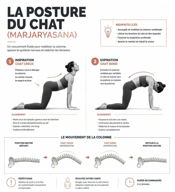 Infographie des étapes de la posture du chat Marjaryasana en yoga