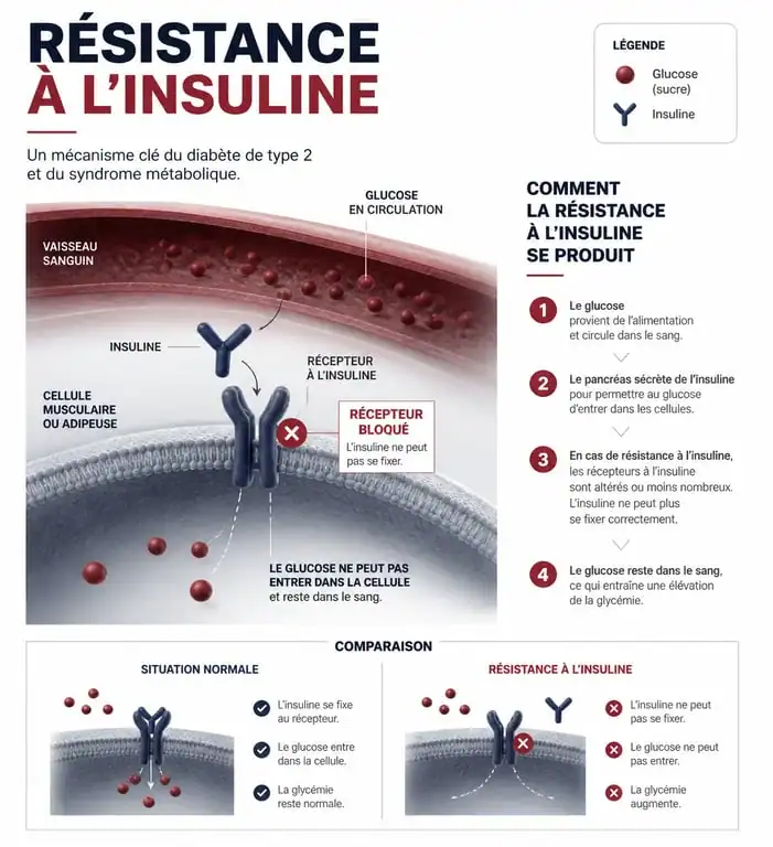 Schéma explicatif de la résistance à l'insuline et du fonctionnement des récepteurs cellulaires