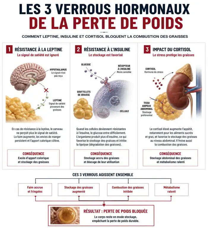 Infographie expliquant les blocages hormonaux de la perte de poids : leptine, insuline et cortisol