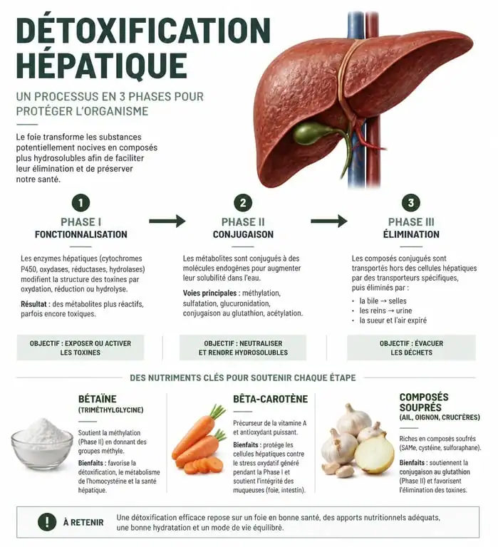 Infographie sur les bienfaits des jus detox pour le foie et le processus de détoxification hépatique