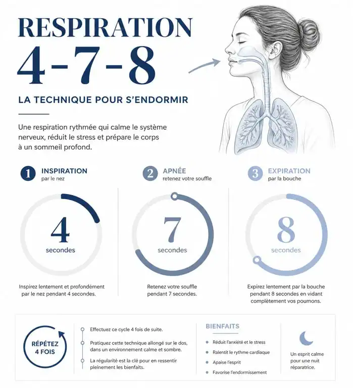 Infographie de la technique de respiration 4-7-8 pour s'endormir rapidement