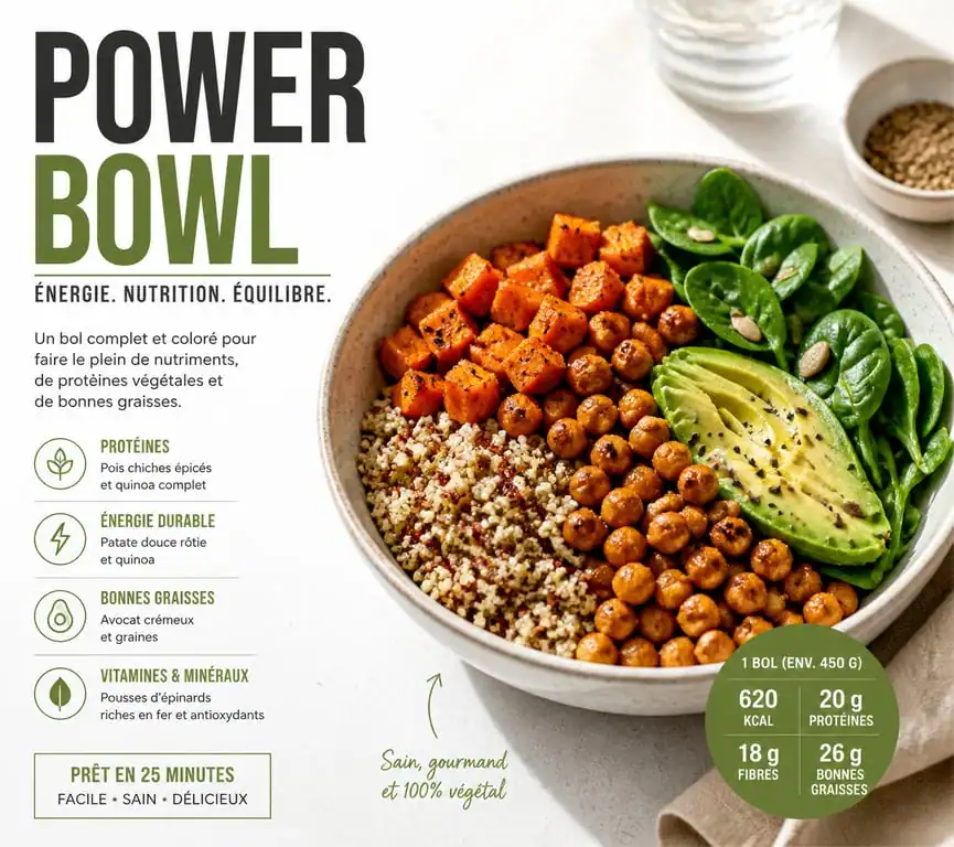 Power Bowl sain et équilibré avec quinoa, patates douces et pois chiches pour une alimentation healthy