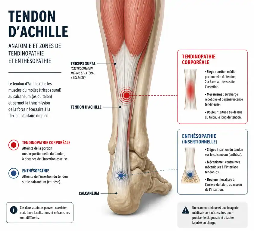Schéma anatomique illustrant les zones de douleurs au tendon d'Achille : tendinopathie corporéale et enthésopathie.