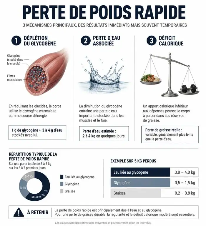 Infographie explicative sur les mécanismes physiologiques de la perte de poids rapide et du menu pour perdre 3 kg en 1 semaine