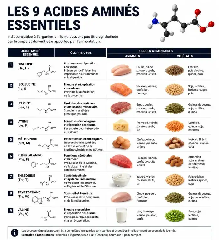 Infographie sur les acides aminés essentiels et leurs sources alimentaires pour une alimentation équilibrée