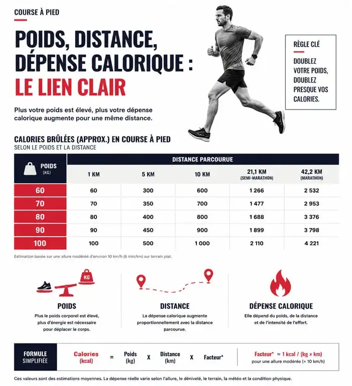 Infographie montrant la dépense calorique en course à pied selon le poids et la distance