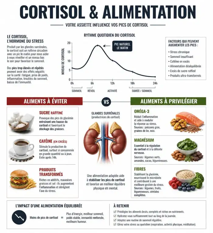 Infographie sur l'impact de l'alimentation sur le cortisol et les aliments à éviter pour réduire le stress