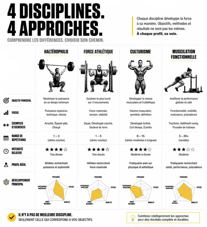 Infographie comparative des disciplines de force pour comprendre si la musculation est elle un sport