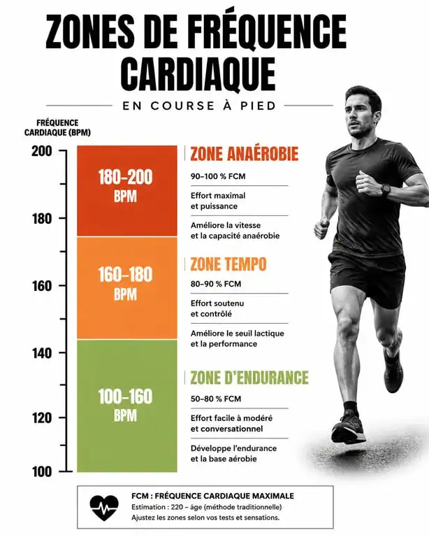 Infographie des zones de fréquence cardiaque en course à pied pour optimiser son entraînement à 160 bpm