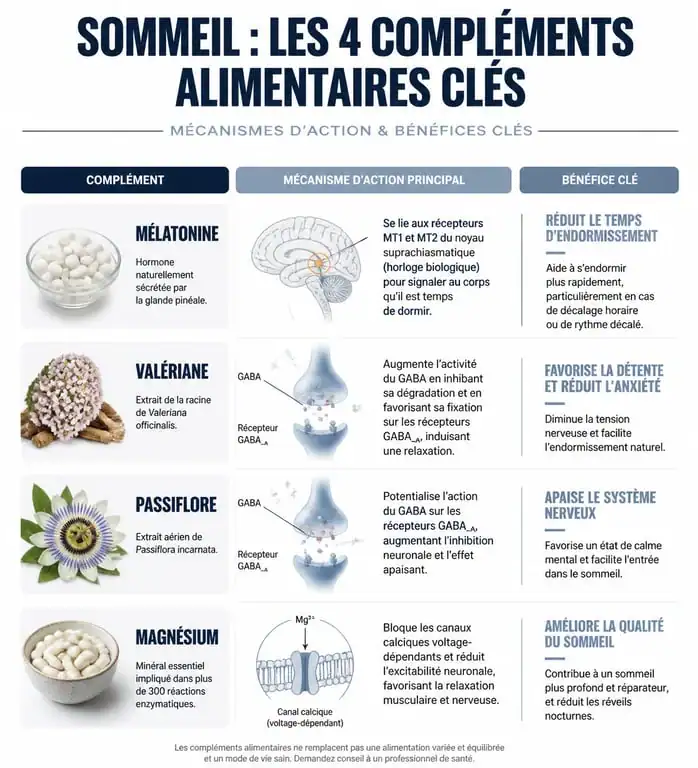 Infographie comparative des compléments alimentaires pour dormir : mélatonine, plantes et magnésium pour améliorer la qualité du sommeil.