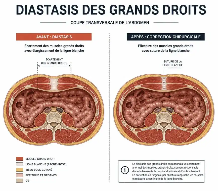 Schéma anatomique illustrant la correction chirurgicale d'un diastasis avant après l'intervention