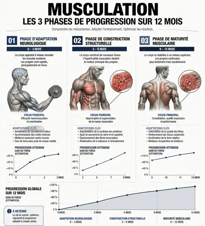 Infographie des étapes de progression musculation 1 an avant après