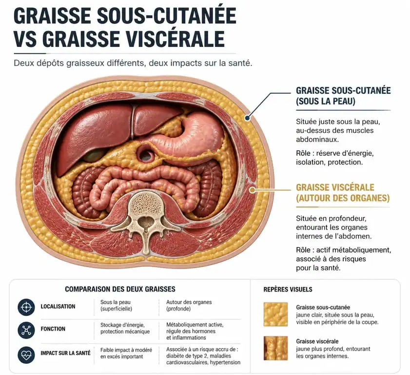 Schéma comparatif entre la graisse sous-cutanée et la graisse viscérale au niveau du ventre