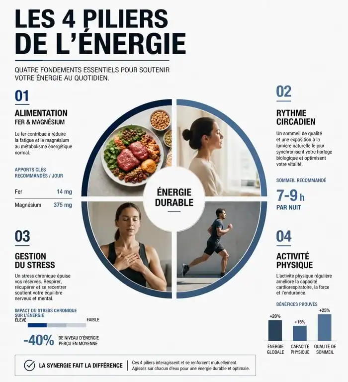 Infographie sur les causes et solutions du manque d'énergie et comment retrouver la forme