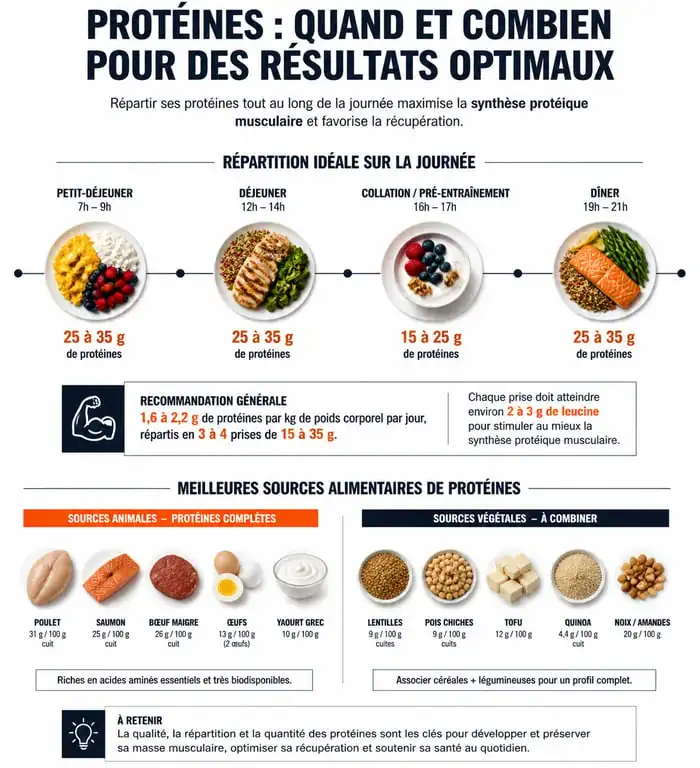Infographie sur les sources et la répartition des 60g de protéines par jour