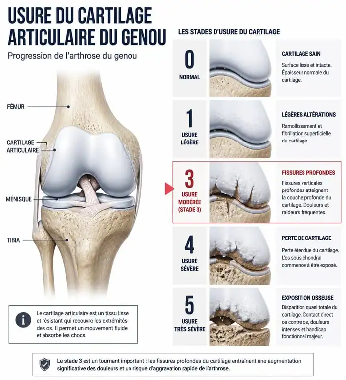 Schéma anatomique illustrant la chondropathie stade 3 du genou et l'usure du cartilage