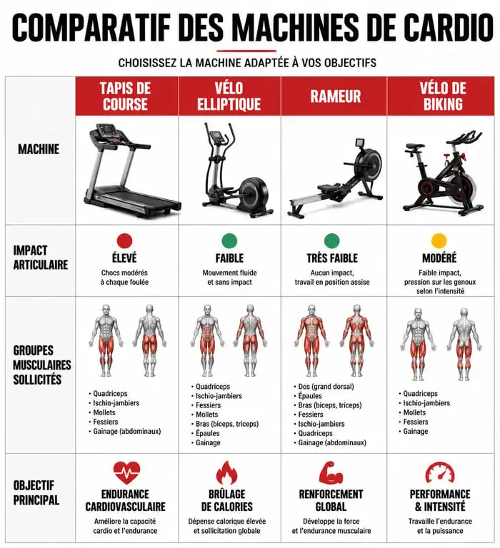 Infographie comparative des machines de cardio en salle de sport pour choisir son équipement