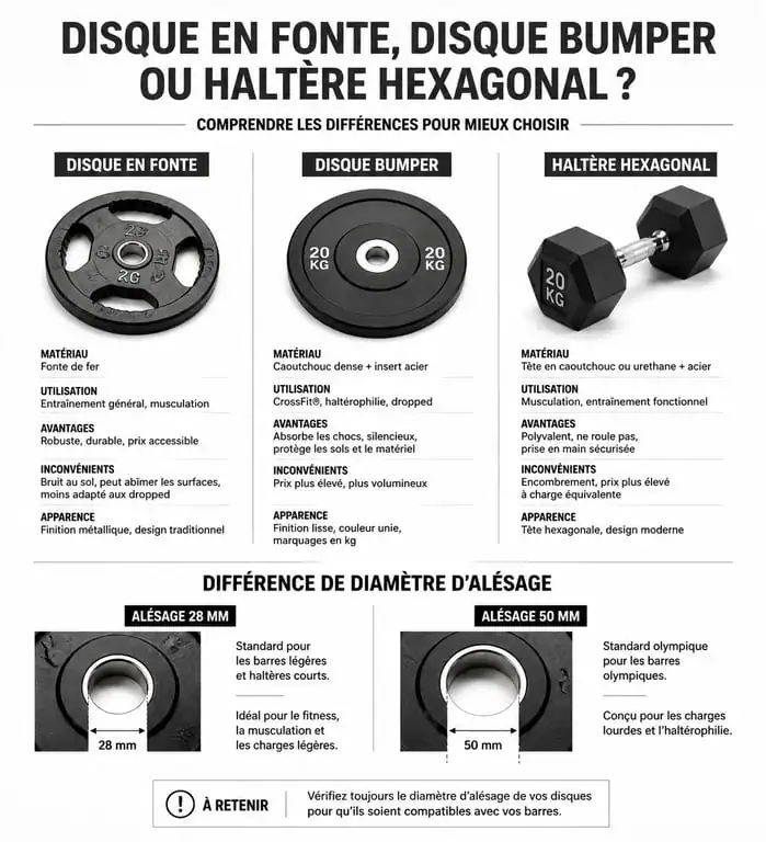 Comparatif des types de poids 10 kg musculation : fonte, bumper et haltère hexagonal