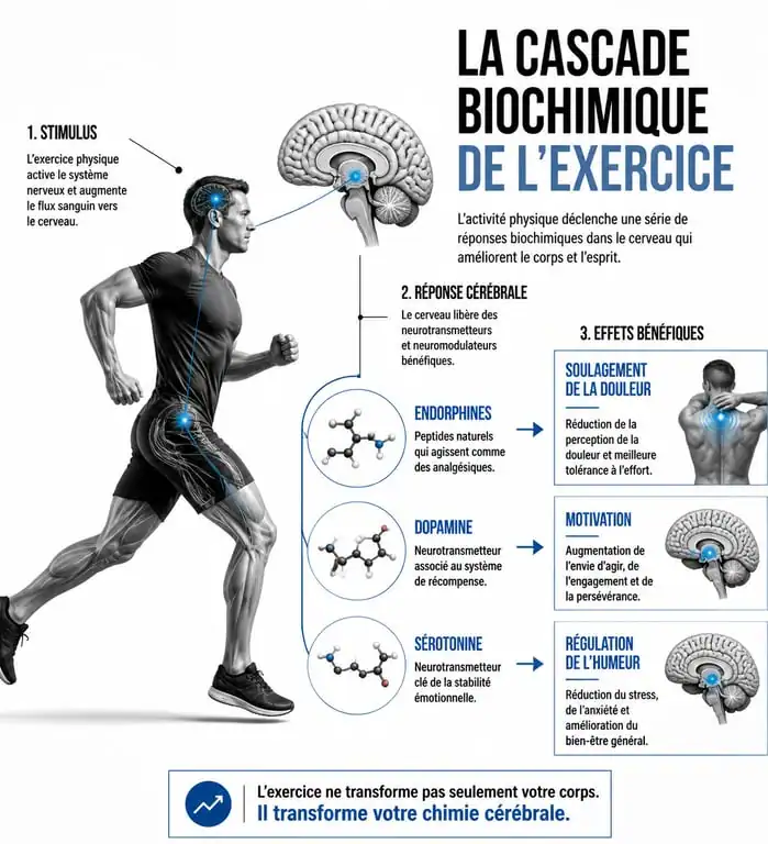 Infographie des hormones du bonheur libérées par le sport : endorphines, dopamine et sérotonine