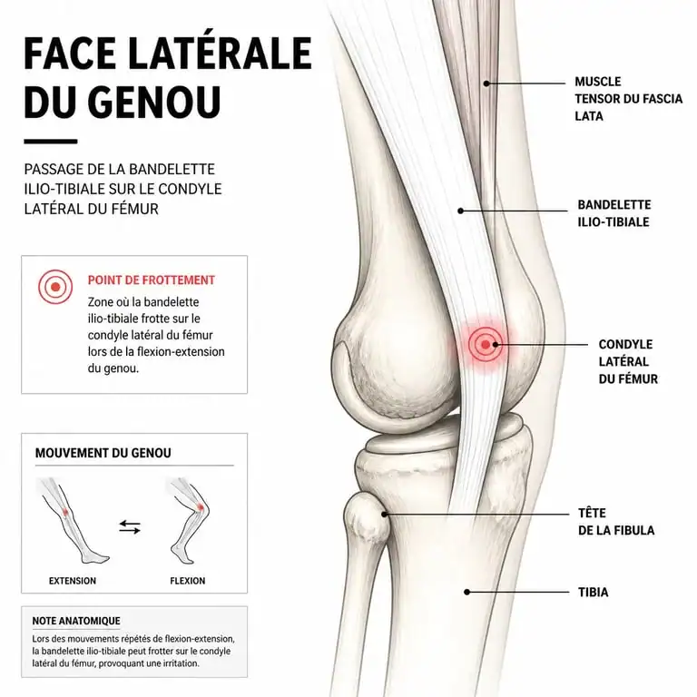 Schéma anatomique du syndrome de l'essuie-glace genou montrant la bandelette ilio-tibiale