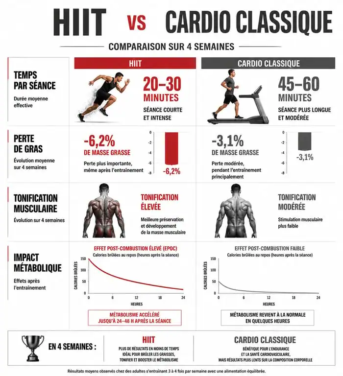 Infographie comparative HIIT vs cardio classique pour des résultats en 1 mois
