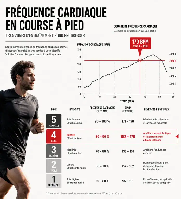 Infographie des zones de fréquence cardiaque en course à pied et positionnement de 170 bpm