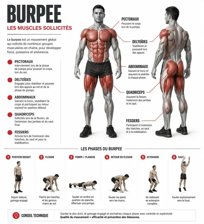 Infographie des muscles sollicités par 50 burpees par jour avant après
