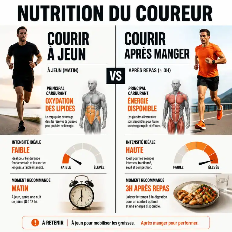 Infographie comparative : courir à jeun ou après manger pour optimiser sa performance en course à pied
