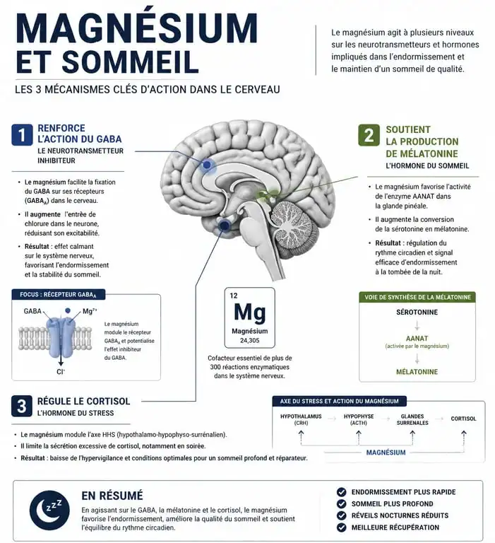 Infographie explicative sur le mécanisme d'action du magnésium pour le sommeil et la régulation du stress