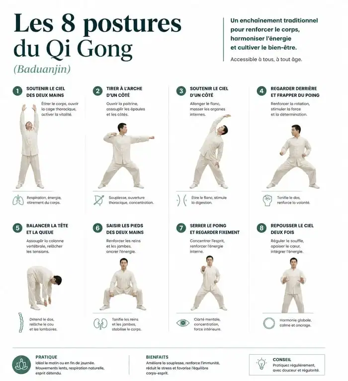 Infographie des 8 postures du Qi Gong Baduanjin pour la santé
