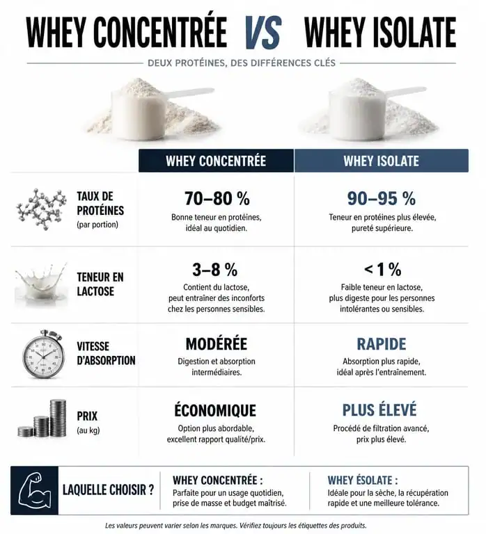 Tableau comparatif des différences entre whey concentrée et whey isolate pour la nutrition sportive