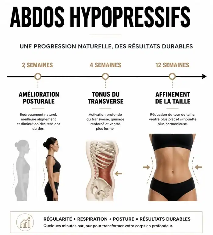 Infographie sur les résultats des abdos hypopressifs et le délai pour obtenir un ventre plat