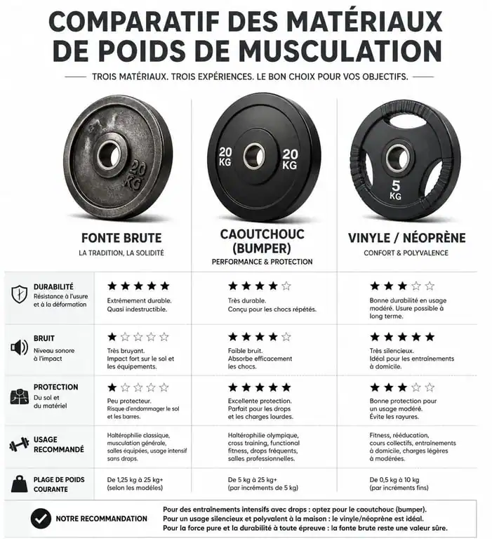 Comparatif des matériaux pour poids de musculation : fonte, caoutchouc et vinyle