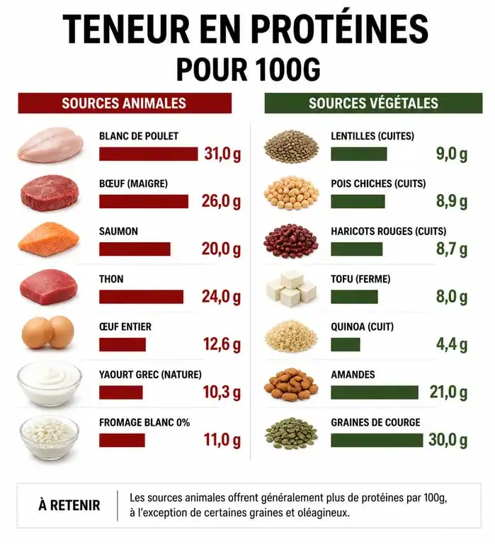 Infographie comparative des teneurs en protéines par aliment pour 100g