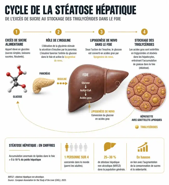 Schéma explicatif du mécanisme de stockage de la graisse dans le foie et de la stéatose hépatique