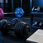 poids de muscu haltères et barre sur sol bleu