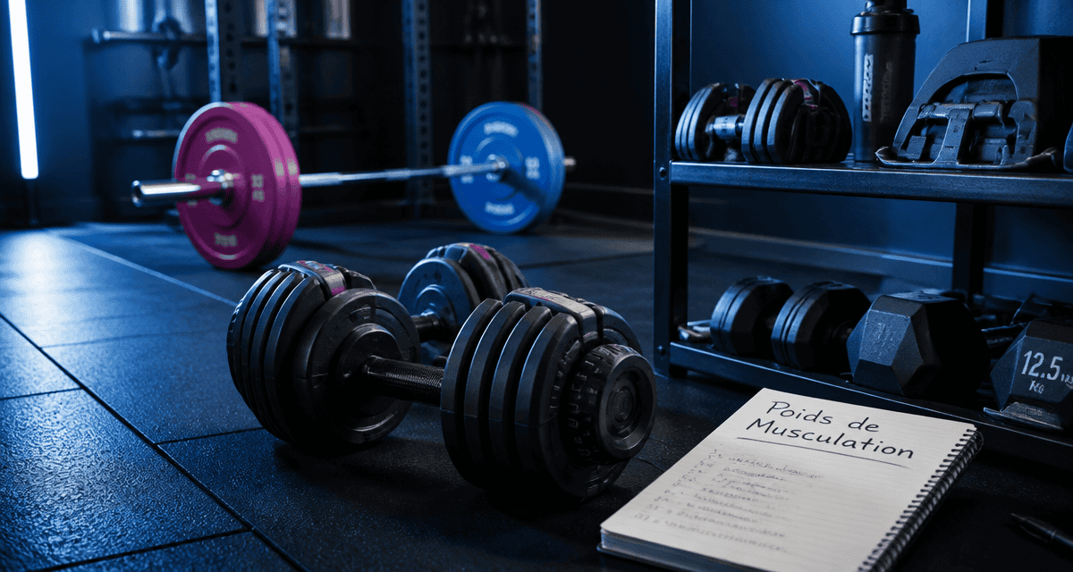 poids de muscu haltères et barre sur sol bleu