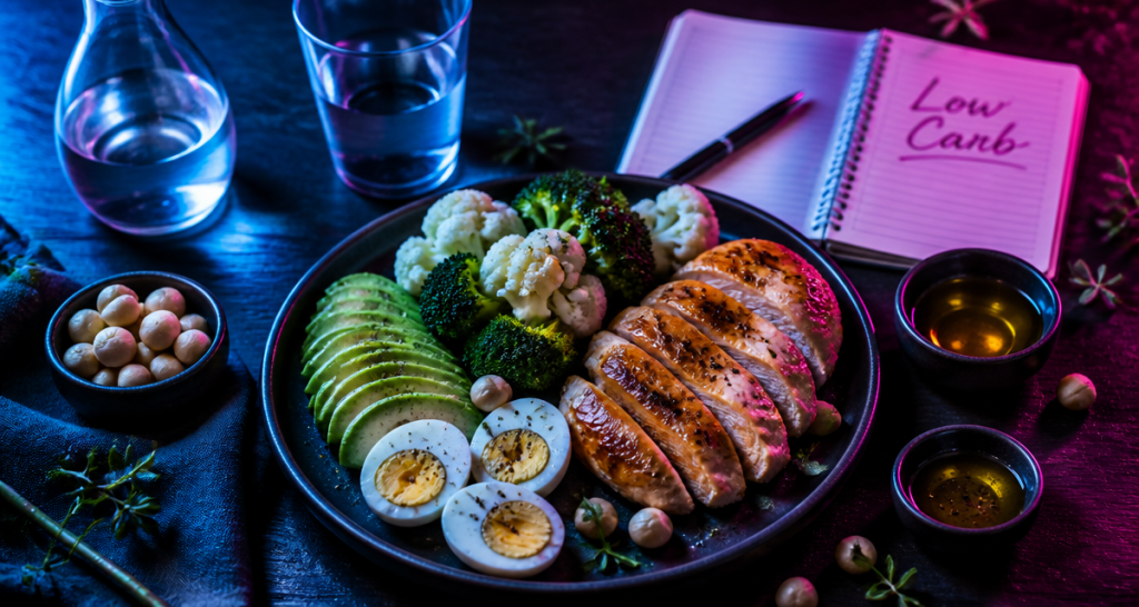 assortiment aliments pauvre en glucide sur table
