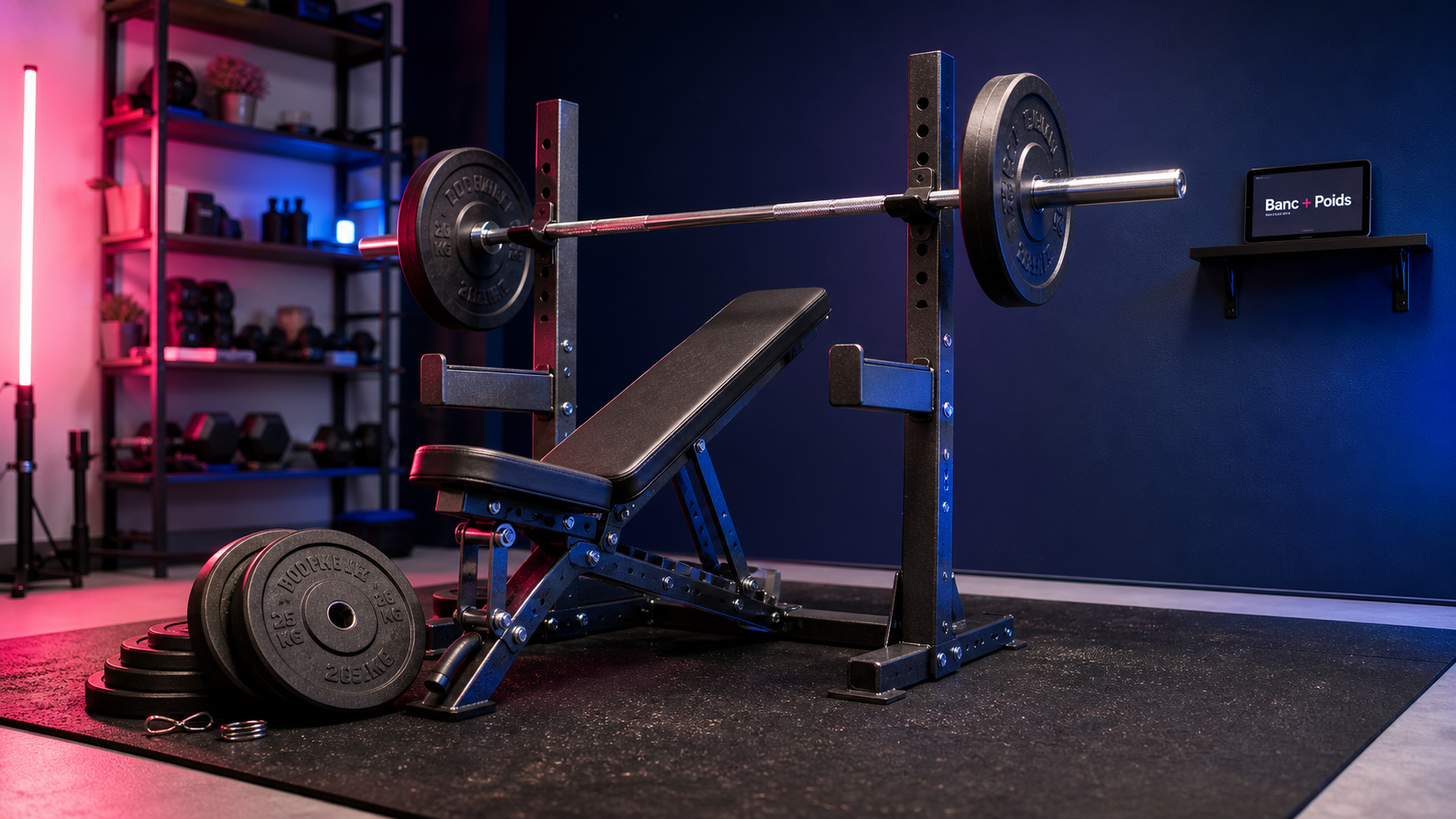 Banc de musculation avec poids en home-gym, station tout-en-un